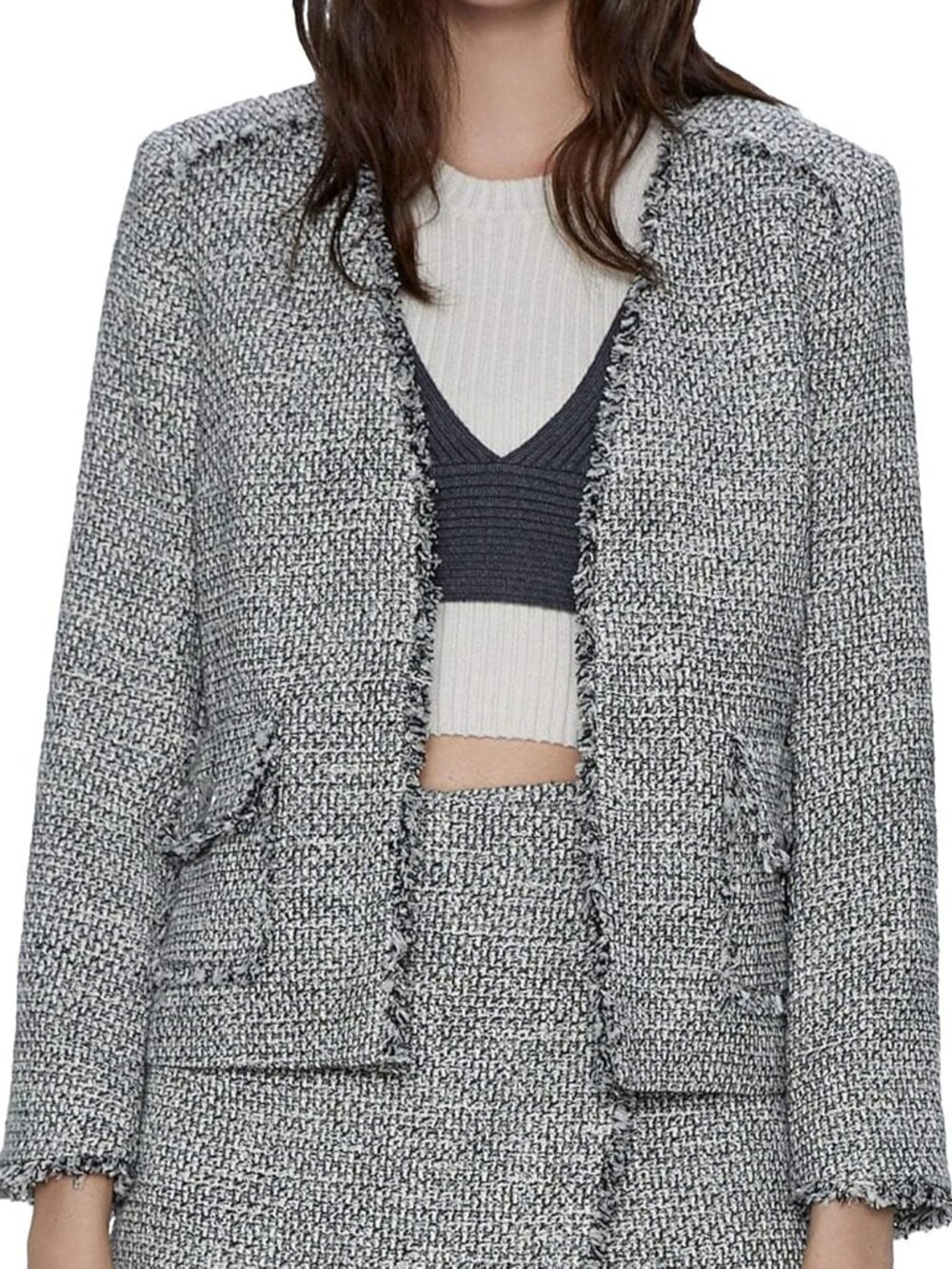 2/$30 ZARA Frayed Tweed Open Blazer Pronounced Shoulders Black Ecru Small #A2082